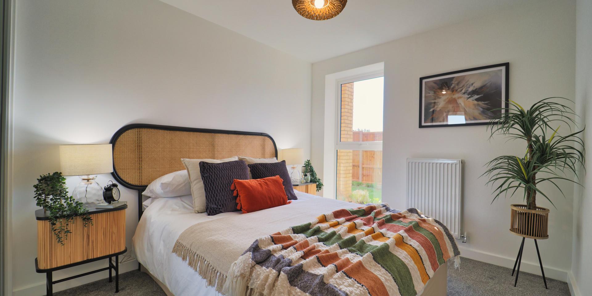 A double bed with stripy throw, bedside table and plant in the corner