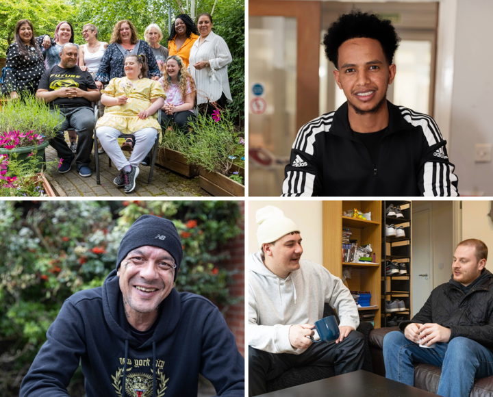 Collage of four photos - a group of men and women sat outside, a young person in a tracksuit, a man smiling with a hat on and two men speaking and having a cup of tea