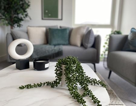 A marble coffee table with a false fern on top. There are grey sofas blurred in the background