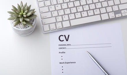 A piece of paper, a keyboard and a small plant. The piece of paper is a template for a CV.
