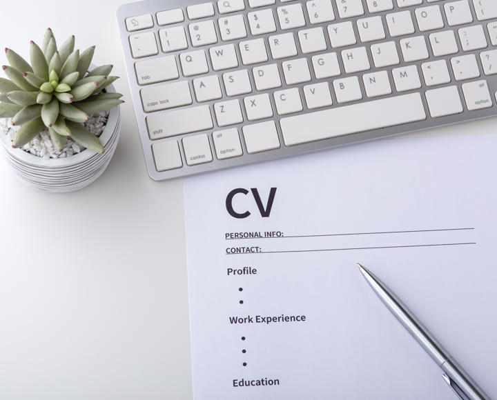 A piece of paper, a keyboard and a small plant. The piece of paper is a template for a CV.