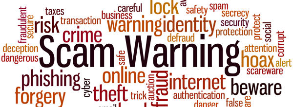An image showing a word bubble with the words 'Scam Warning' in the centre. 
