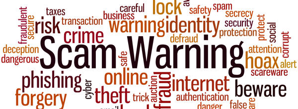 An image showing a word bubble with the words 'Scam Warning' in the centre. 