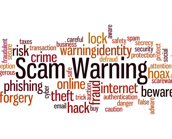 An image showing a word bubble with the words 'Scam Warning' in the centre. 