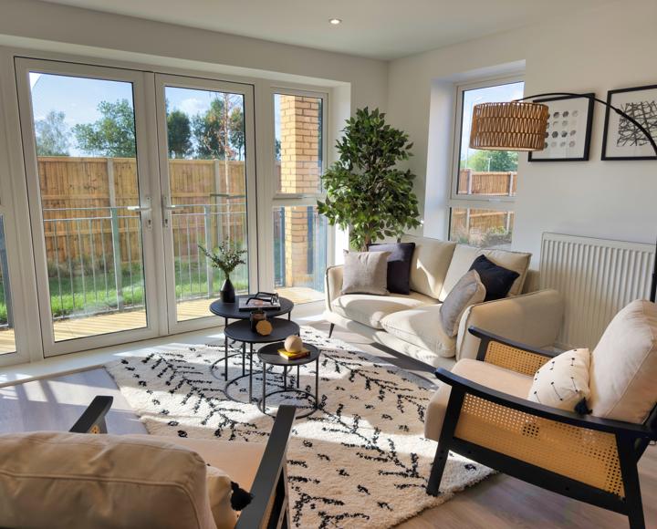 There are double patio doors leading from the living area