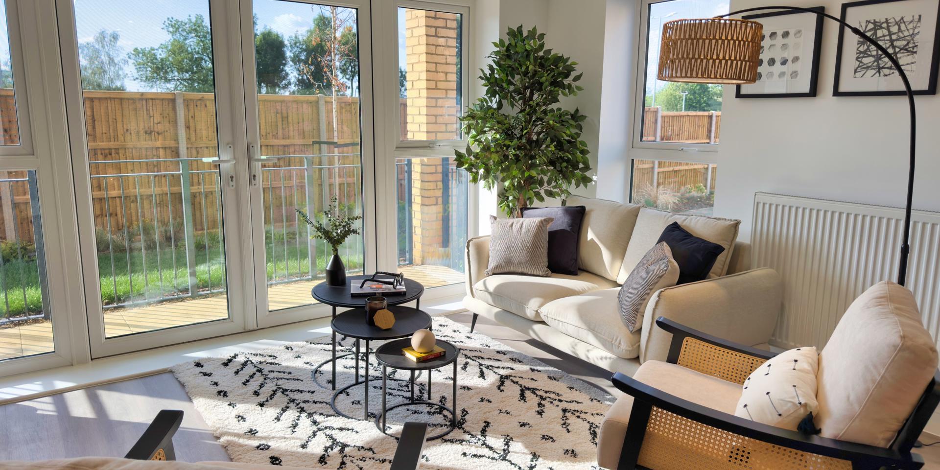 There are double patio doors leading from the living area