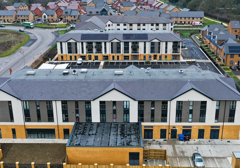 Aerial view of new Hightown flats and shops in Bidwell West,