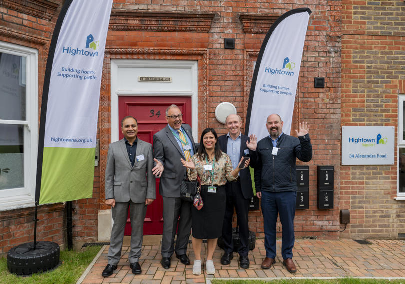 Qadeer Kiani, Chair Designate Of Hightown's Board; Councillor Adrian England, Leader Of Dacorum Council; Councillor Simy Dhyani, Deputy Leader Of Dacorum; David Bogle, Hightown's Chief Executive; Andrew Kyle, Homes England stand outside of Alexandra Road