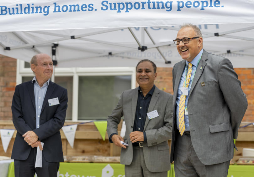 Former CEO David Bogle; Qadeer Kiani, Chair Designate Of Hightown's Board and Cllr Adrian England, Leader Of Dacorum Council celebrate at the Alexandra Road opening event
