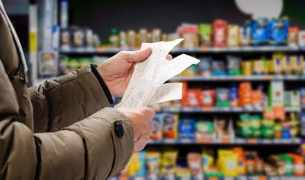 Someone holding a lot of receipts in a supermarket, showing the impact of the cost of living crisis