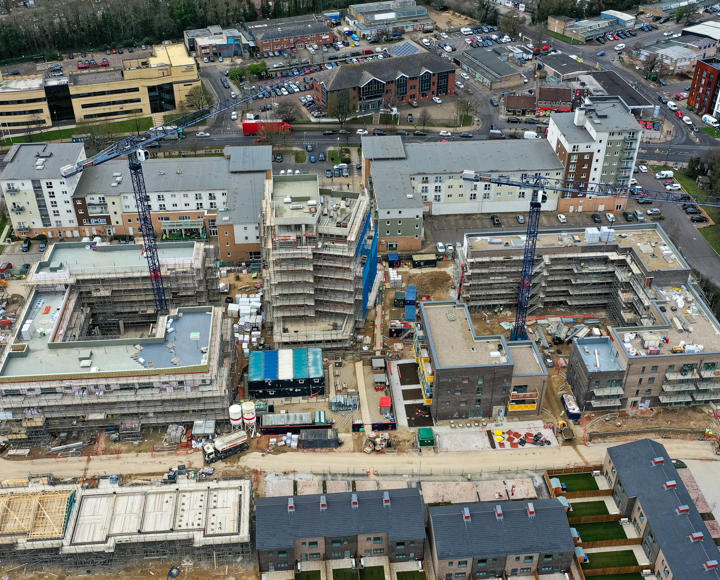 Aerial view from a drone of a new development; flats are being built