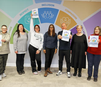 Four members of Hightown's Customer Experience Panel and Two Hightown staff holding up signs that read: Customer Experience Panel