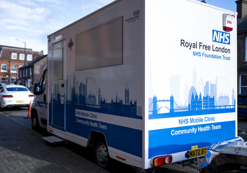 Royal Free London NHS mobile clinic van outside of St Albans Hightown Homeless Event
